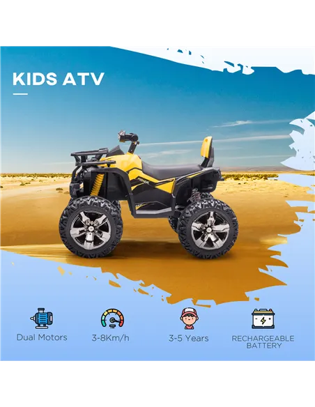HOMCOM 12V Quad Bike ATV with LED Lights, Music, Backrest, Forward, Backward, Yellow