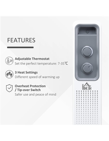 HOMCOM 2500W Oil Filled Radiator, 11 Fin, Portable Electric Heater with 3 Heat Settings, Safety Cut-Off and Wheels, White