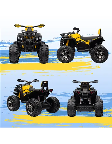 HOMCOM 12V Quad Bike ATV with LED Lights, Music, Backrest, Forward, Backward, Yellow