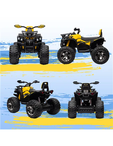 HOMCOM 12V Quad Bike ATV with LED Lights, Music, Backrest, Forward, Backward, Yellow
