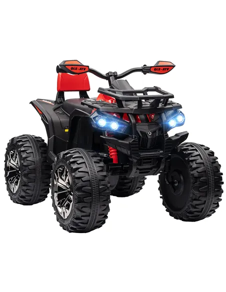 HOMCOM 12V Quad Bike ATV with LED Lights, Music, Backrest, Forward, Backward, Red