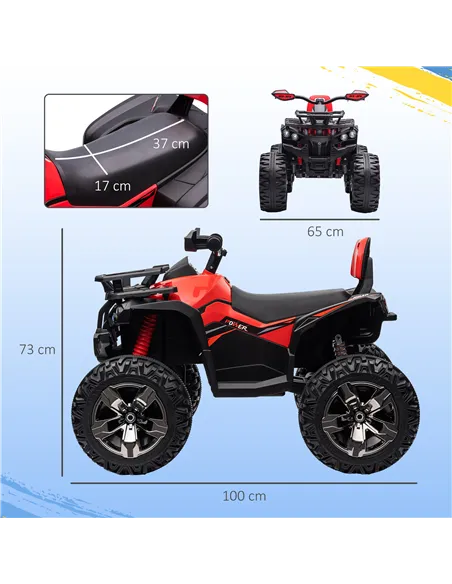 HOMCOM 12V Quad Bike ATV with LED Lights, Music, Backrest, Forward, Backward, Red