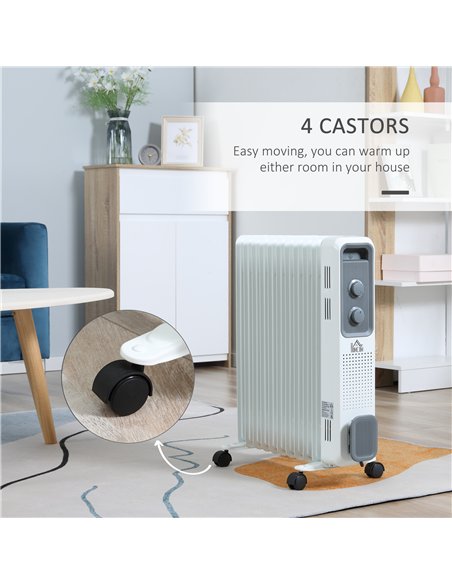 HOMCOM 2500W Oil Filled Radiator, 11 Fin, Portable Electric Heater with 3 Heat Settings, Safety Cut-Off and Wheels, White