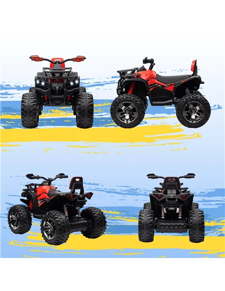 HOMCOM 12V Quad Bike ATV with LED Lights, Music, Backrest, Forward, Backward, Red