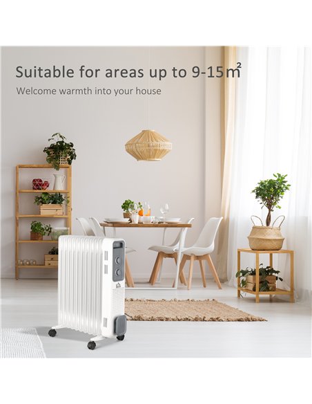 HOMCOM 2500W Oil Filled Radiator, 11 Fin, Portable Electric Heater with 3 Heat Settings, Safety Cut-Off and Wheels, White