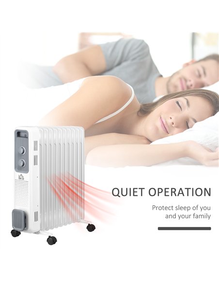 HOMCOM 2500W Oil Filled Radiator, 11 Fin, Portable Electric Heater with 3 Heat Settings, Safety Cut-Off and Wheels, White