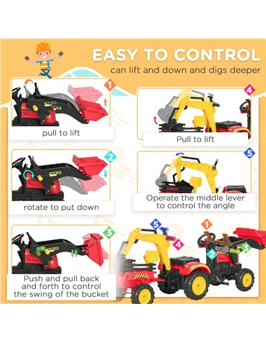 HOMCOM Kids Children Pedal Go Kart Ride On Toy Car Excavator Tractor w/ Moving Bucket Steering Wheel Removable Digger For 3 - 6 