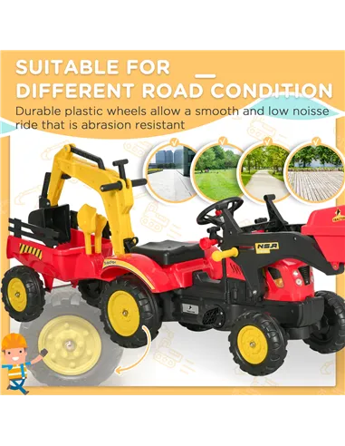 HOMCOM Kids Children Pedal Go Kart Ride On Toy Car Excavator Tractor w/ Moving Bucket Steering Wheel Removable Digger For 3 - 6 
