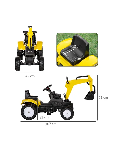 HOMCOM Kids Ride on Digger Pedal Go Kart Pretend Play Construction No Power Truck with Horn for 3 - 6 Years, Yellow