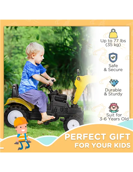 HOMCOM Kids Ride on Digger Pedal Go Kart Pretend Play Construction No Power Truck with Horn for 3 - 6 Years, Yellow