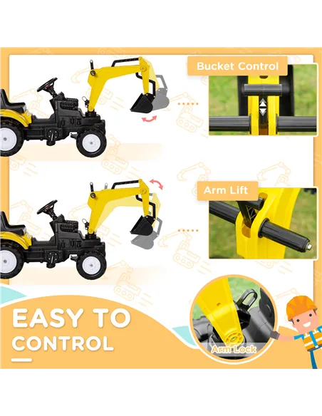 HOMCOM Kids Ride on Digger Pedal Go Kart Pretend Play Construction No Power Truck with Horn for 3 - 6 Years, Yellow