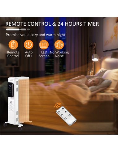 HOMCOM 1500W Oil Filled Radiator, 7 Fin Portable Electric Heater with LED Display, 24H Timer, 3 Heat Settings, Adjustable Thermo