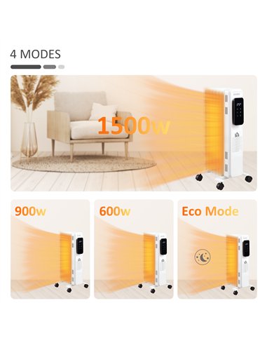 HOMCOM 1500W Oil Filled Radiator, 7 Fin Portable Electric Heater with LED Display, 24H Timer, 3 Heat Settings, Adjustable Thermo