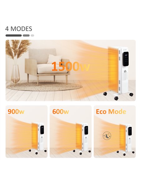 HOMCOM 1500W Oil Filled Radiator, 7 Fin Portable Electric Heater with LED Display, 24H Timer, 3 Heat Settings, Adjustable Thermo