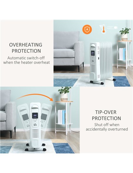 HOMCOM 2000W Digital Oil Filled Radiator, 9 Fin, Portable Electric Heater with LED Display, Timer, 3 Heat Settings, Safety Cut-O