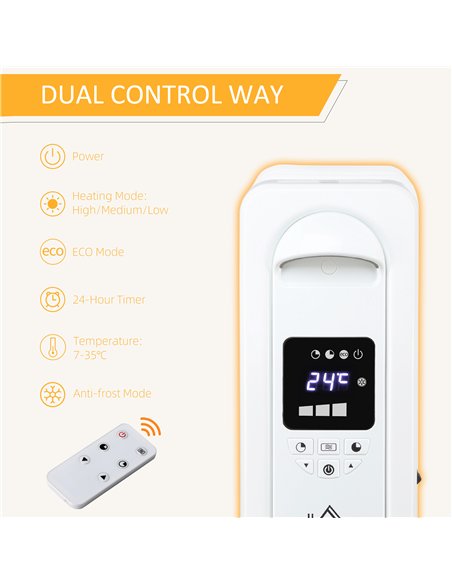 HOMCOM 2000W Digital Oil Filled Radiator, 9 Fin, Portable Electric Heater with LED Display, Timer, 3 Heat Settings, Safety Cut-O