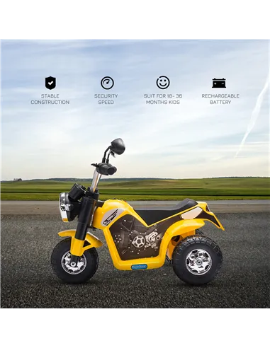 HOMCOM 6V Kids Electric Motorbike 3 Wheels Ride On Toy with Horn Headlights Realistic Sounds for Girl Boy 18 - 36 Months Yellow