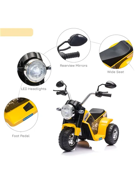 HOMCOM 6V Kids Electric Motorbike 3 Wheels Ride On Toy with Horn Headlights Realistic Sounds for Girl Boy 18 - 36 Months Yellow