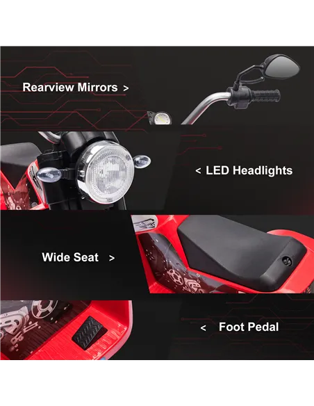 HOMCOM 6V Kids Electric Motorbike 3 Wheels Ride On Toy with Horn Headlights Realistic Sounds for Girl Boy 18 - 36 Months Red