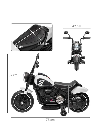 HOMCOM 6v Electric Motorbike with Training Wheels, One-Button Start - White