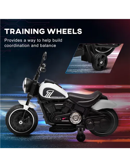 HOMCOM 6v Electric Motorbike with Training Wheels, One-Button Start - White