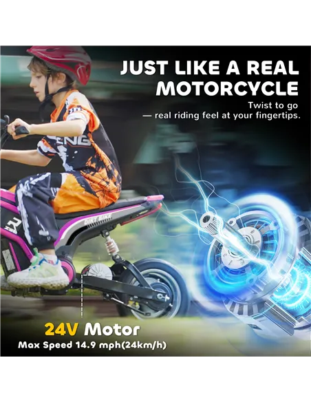 HOMCOM 24V Electric Motorbike with Twist Grip Throttle, Music, Horn, 12" Pneumatic Tyres, 16km/h Max Speed - Pink