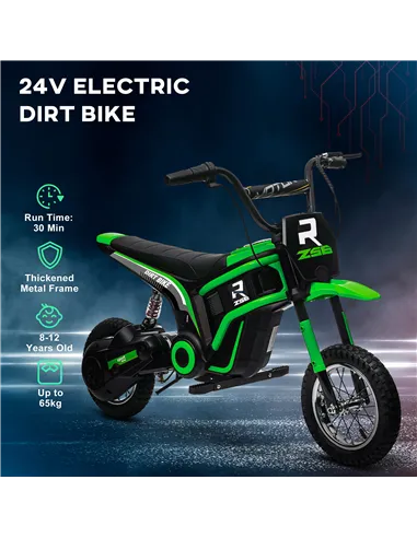 HOMCOM 24V Electric Motorbike with Twist Grip Throttle, Music, Horn, 12" Pneumatic Tyres, 16km/h Max Speed - Green
