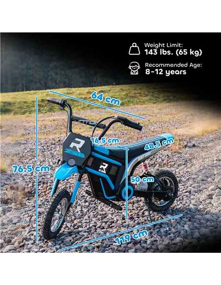 HOMCOM 24V Electric Motorbike with Twist Grip Throttle, Music, Horn, 12" Pneumatic Tyres, 16km/h Max Speed - Blue