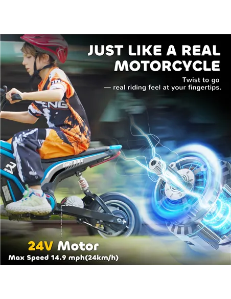 HOMCOM 24V Electric Motorbike with Twist Grip Throttle, Music, Horn, 12" Pneumatic Tyres, 16km/h Max Speed - Blue