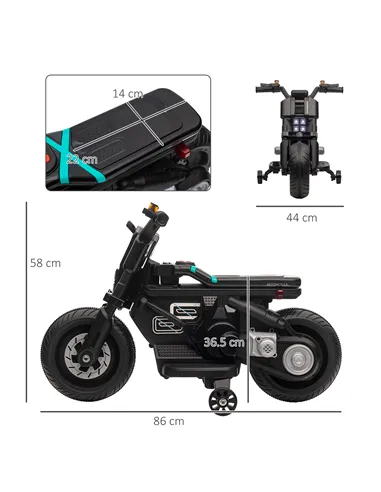 HOMCOM Kids Electric Motorbike with Siren, Horn, Headlights, Music, Training Wheels, for Ages 3-5 Years - Black