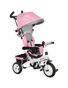 HOMCOM 6 in 1 Kids Trike Push Bike w/ Push Handle, Canopy, 5-point Safety Belt, Storage, Footrest, Brake, for 1-5 Years, Pink