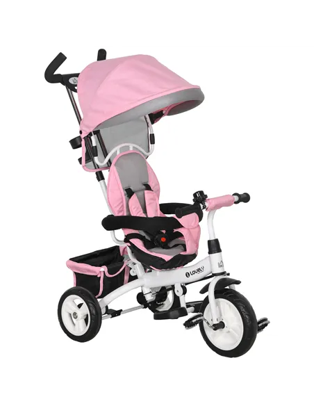 HOMCOM 6 in 1 Kids Trike Push Bike w/ Push Handle, Canopy, 5-point Safety Belt, Storage, Footrest, Brake, for 1-5 Years, Pink