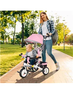 HOMCOM 6 in 1 Kids Trike Push Bike w/ Push Handle, Canopy, 5-point Safety Belt, Storage, Footrest, Brake, for 1-5 Years, Pink 2