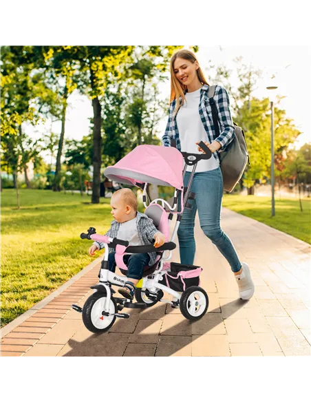 HOMCOM 6 in 1 Kids Trike Push Bike w/ Push Handle, Canopy, 5-point Safety Belt, Storage, Footrest, Brake, for 1-5 Years, Pink