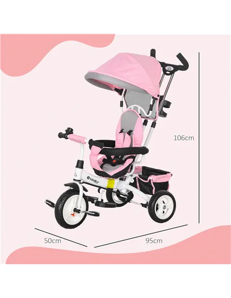 HOMCOM 6 in 1 Kids Trike Push Bike w/ Push Handle, Canopy, 5-point Safety Belt, Storage, Footrest, Brake, for 1-5 Years, Pink