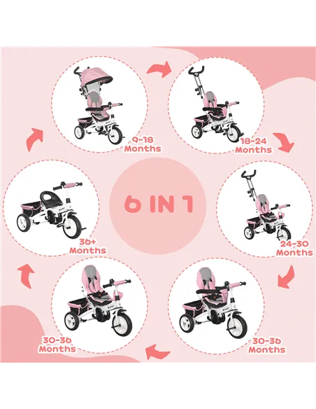 HOMCOM 6 in 1 Kids Trike Push Bike w/ Push Handle, Canopy, 5-point Safety Belt, Storage, Footrest, Brake, for 1-5 Years, Pink