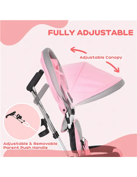 HOMCOM 6 in 1 Kids Trike Push Bike w/ Push Handle, Canopy, 5-point Safety Belt, Storage, Footrest, Brake, for 1-5 Years, Pink