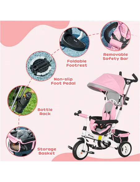 HOMCOM 6 in 1 Kids Trike Push Bike w/ Push Handle, Canopy, 5-point Safety Belt, Storage, Footrest, Brake, for 1-5 Years, Pink