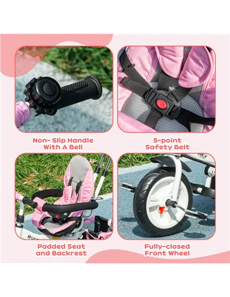 HOMCOM 6 in 1 Kids Trike Push Bike w/ Push Handle, Canopy, 5-point Safety Belt, Storage, Footrest, Brake, for 1-5 Years, Pink
