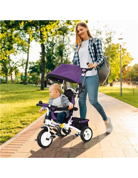 HOMCOM 6 in 1 Kids Trike Push Bike w/ Push Handle, Canopy, 5-point Safety Belt, Storage, Footrest, Brake, for 1-5 Years, Purple