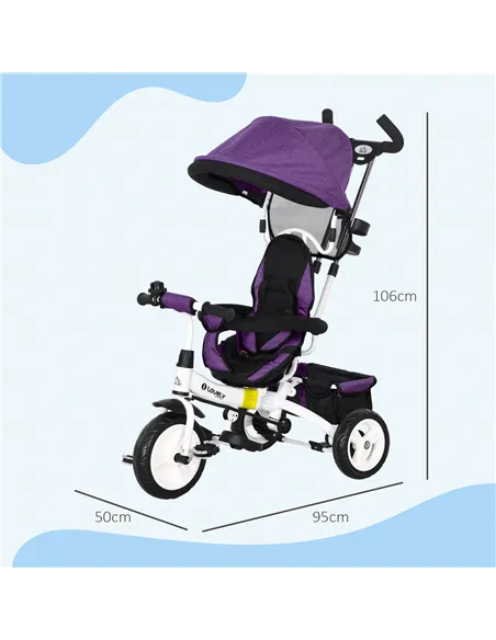 HOMCOM 6 in 1 Kids Trike Push Bike w/ Push Handle, Canopy, 5-point Safety Belt, Storage, Footrest, Brake, for 1-5 Years, Purple