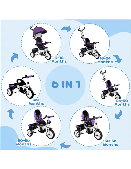 HOMCOM 6 in 1 Kids Trike Push Bike w/ Push Handle, Canopy, 5-point Safety Belt, Storage, Footrest, Brake, for 1-5 Years, Purple