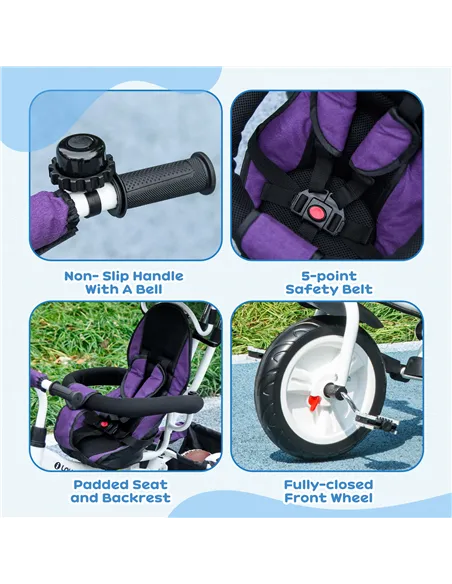 HOMCOM 6 in 1 Kids Trike Push Bike w/ Push Handle, Canopy, 5-point Safety Belt, Storage, Footrest, Brake, for 1-5 Years, Purple