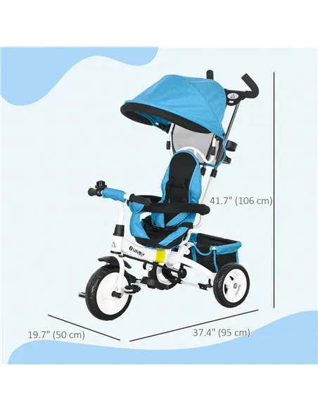HOMCOM 6 in 1 Kids Trike Push Bike w/ Push Handle, Canopy, 5-point Safety Belt, Storage, Footrest, Brake, for 1-5 Years, Blue