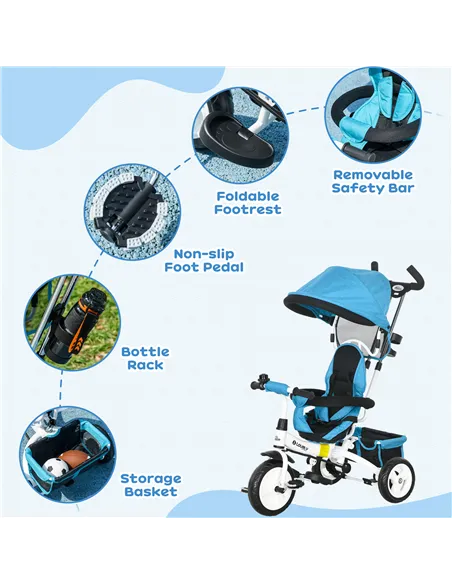 HOMCOM 6 in 1 Kids Trike Push Bike w/ Push Handle, Canopy, 5-point Safety Belt, Storage, Footrest, Brake, for 1-5 Years, Blue