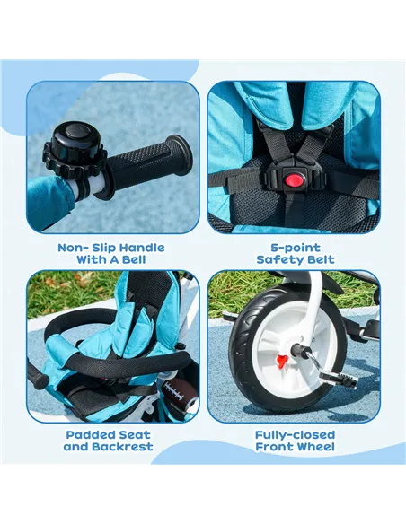 HOMCOM 6 in 1 Kids Trike Push Bike w/ Push Handle, Canopy, 5-point Safety Belt, Storage, Footrest, Brake, for 1-5 Years, Blue