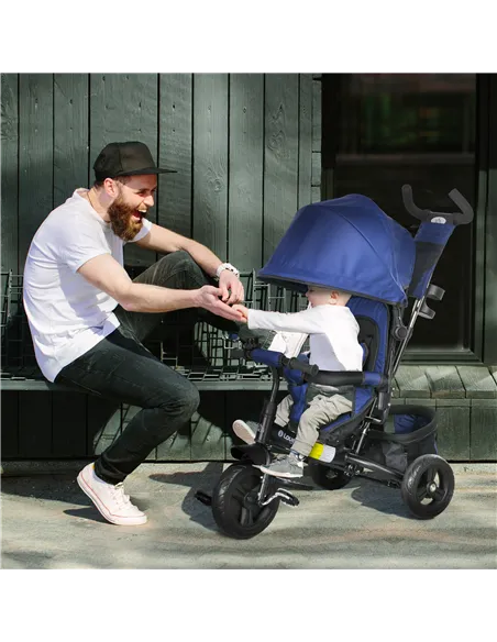 HOMCOM 6 in 1 Kids Trike Push Bike with Push Handle, Canopy, 5-point Safety Belt, Storage, Footrest, Brake, for 1-5 Years, Dark 