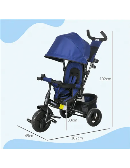 HOMCOM 6 in 1 Kids Trike Push Bike with Push Handle, Canopy, 5-point Safety Belt, Storage, Footrest, Brake, for 1-5 Years, Dark 