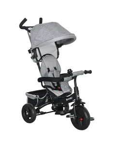 HOMCOM 6 in 1 Kids Trike Push Bike w/ Push Handle, Canopy, 5-point Safety Belt, Storage, Footrest, Brake, for 1-5 Years, Grey