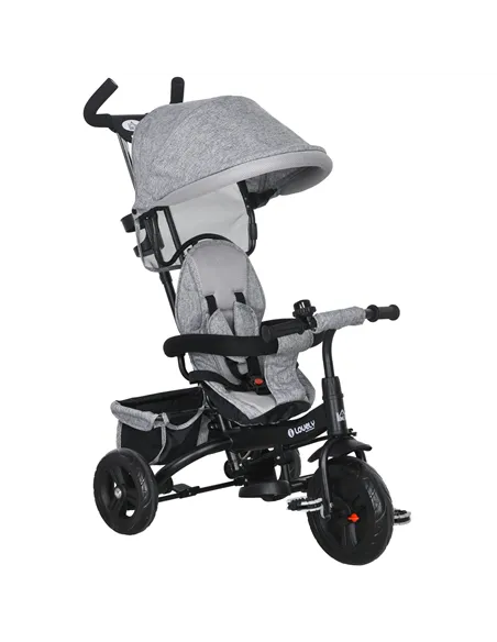 HOMCOM 6 in 1 Kids Trike Push Bike w/ Push Handle, Canopy, 5-point Safety Belt, Storage, Footrest, Brake, for 1-5 Years, Grey